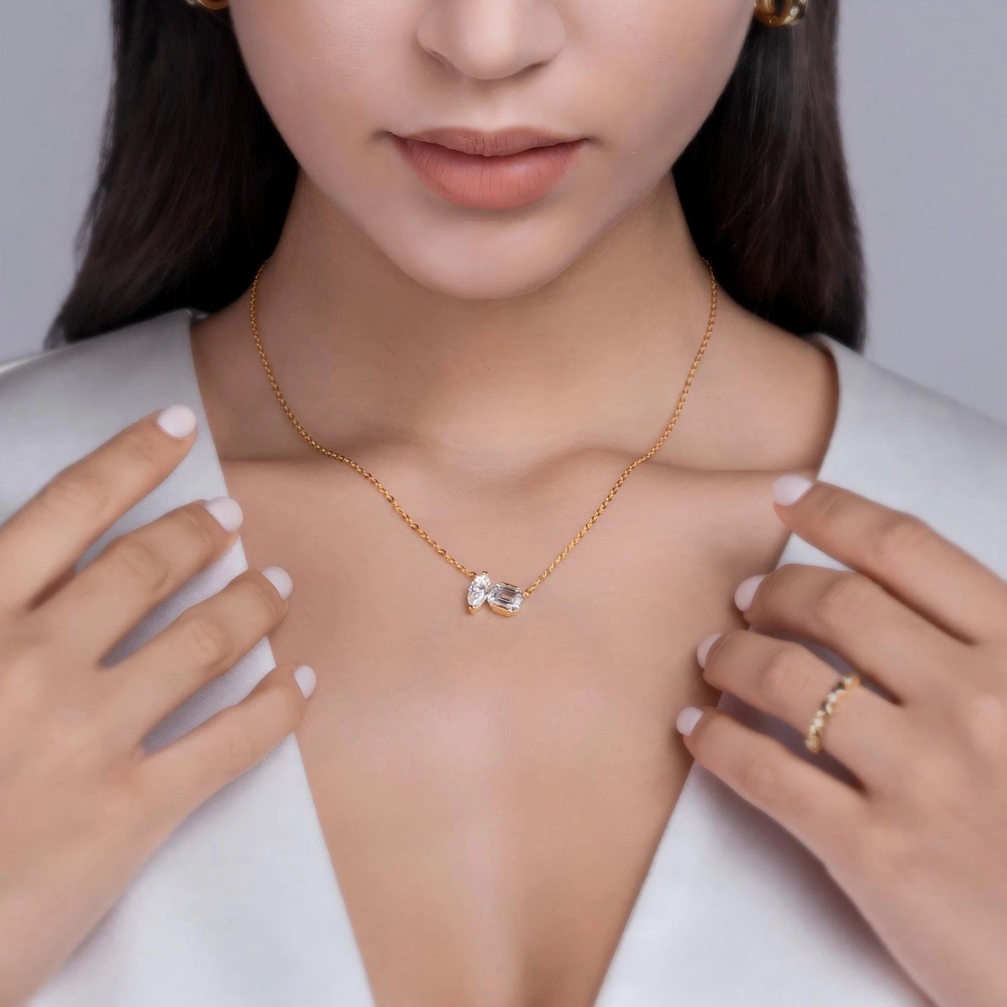 Double Diamond Mirage Moissanite Pendant – Elegant Light & Shadow Necklace